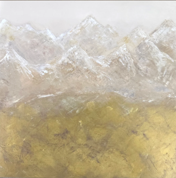 Abstract painting of a mountain range rendered in soft whites and beiges, with textured peaks rising above a muted golden foreground.