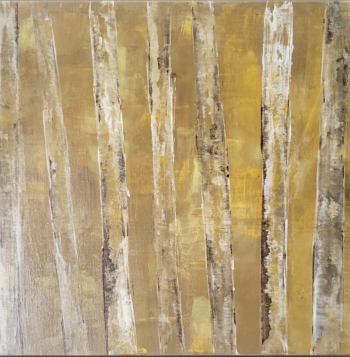 Abstract painting featuring vertical birch-like tree trunks in layered tones of gold, beige, and white against a warm, textured background.