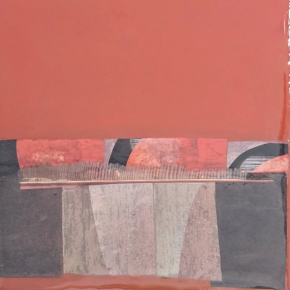 Abstract collage with a large red field above a band of layered paper fragments in muted reds, grays, and blacks.