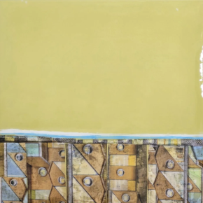 Abstract collage featuring a wide yellow upper field with a patterned lower strip composed of geometric shapes in gold, tan, blue, and gray.