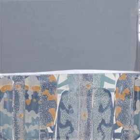 Abstract collage with a solid gray upper section above a lower band of patterned blue, white, and gold vertical shapes.