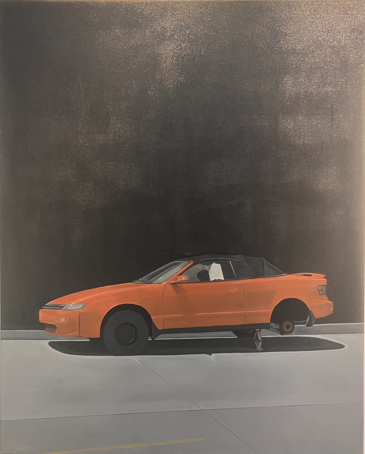 Painting of an orange convertible car parked on a gray street at night, one rear wheel missing, set against a dark, empty background.
