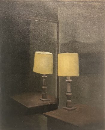 Painting of a small table lamp with a yellow shade reflected in a mirror, creating the illusion of two identical lamps facing each other in a dim room.