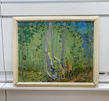 Framed painting of deer standing in a forest of aspen trees with green and blue tones.